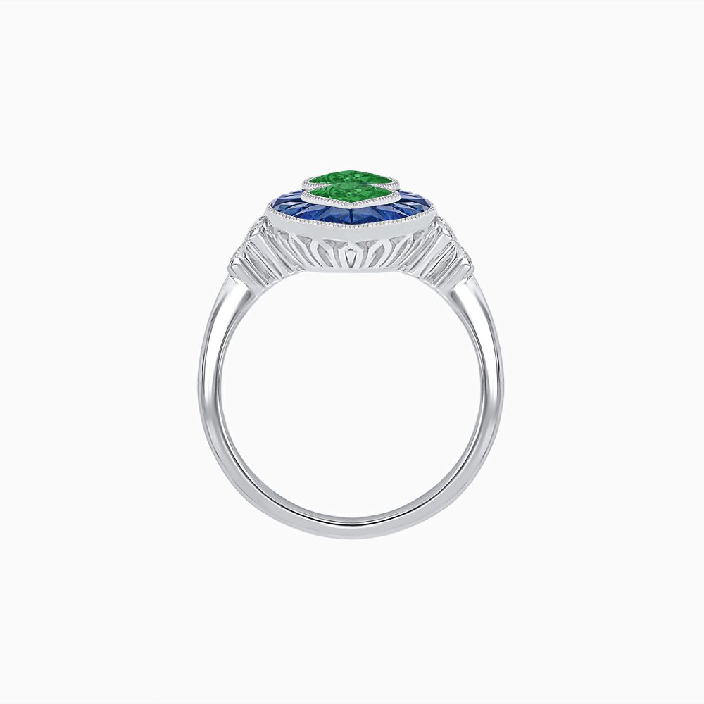 Art Deco Diamond Marquise Shape Toi et Moi Style Vintage Engagement Ring with Blue Sapphire and Emerald - Shahin Jewelry