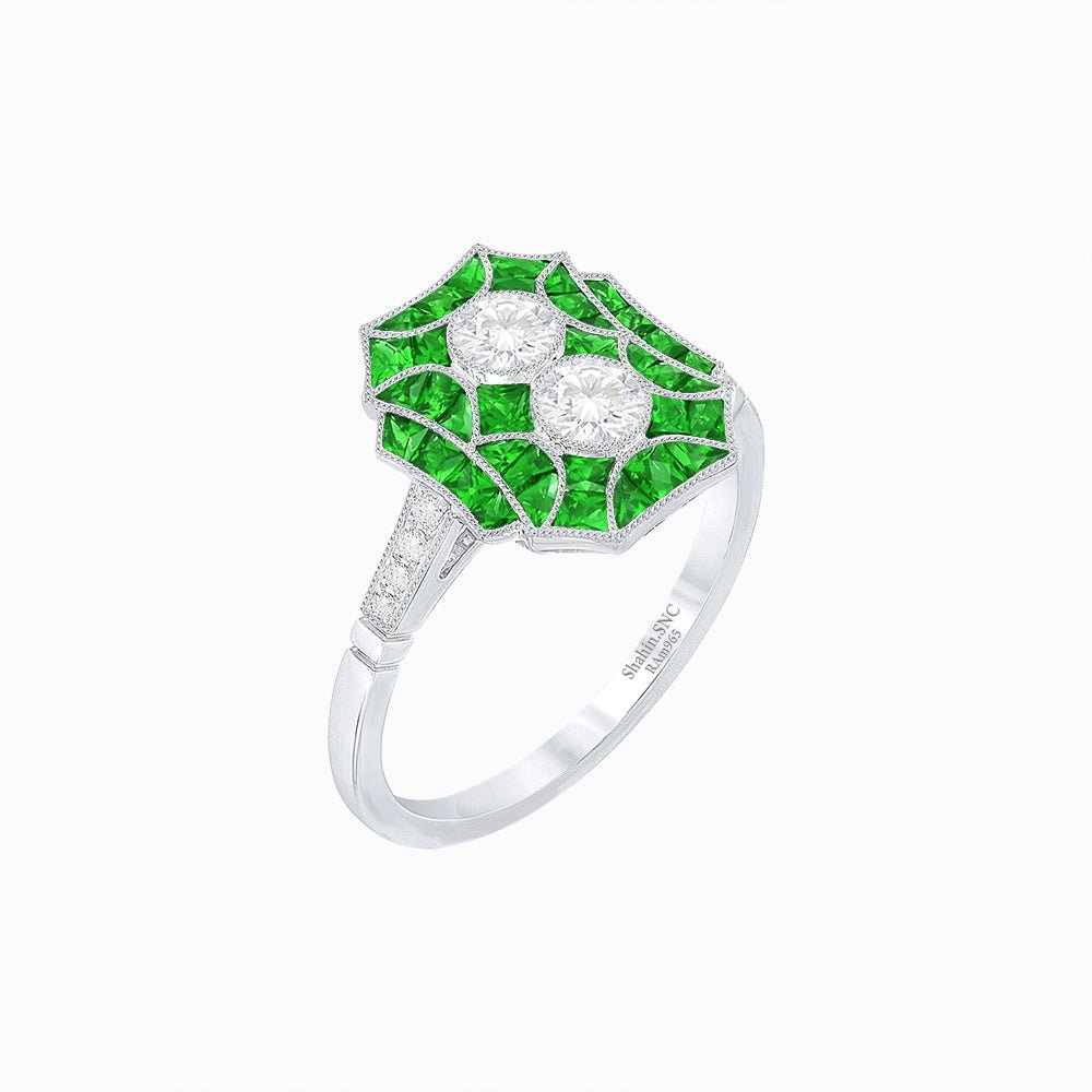 Art Deco Double Diamond Ring with Gemstone - Shahin Jewelry
