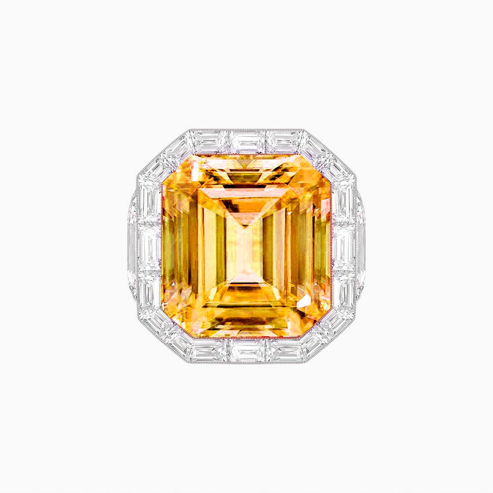 Art Deco Emerald-Cut Gemstone Ring with Architectural Diamond Halo - Shahin Jewelry