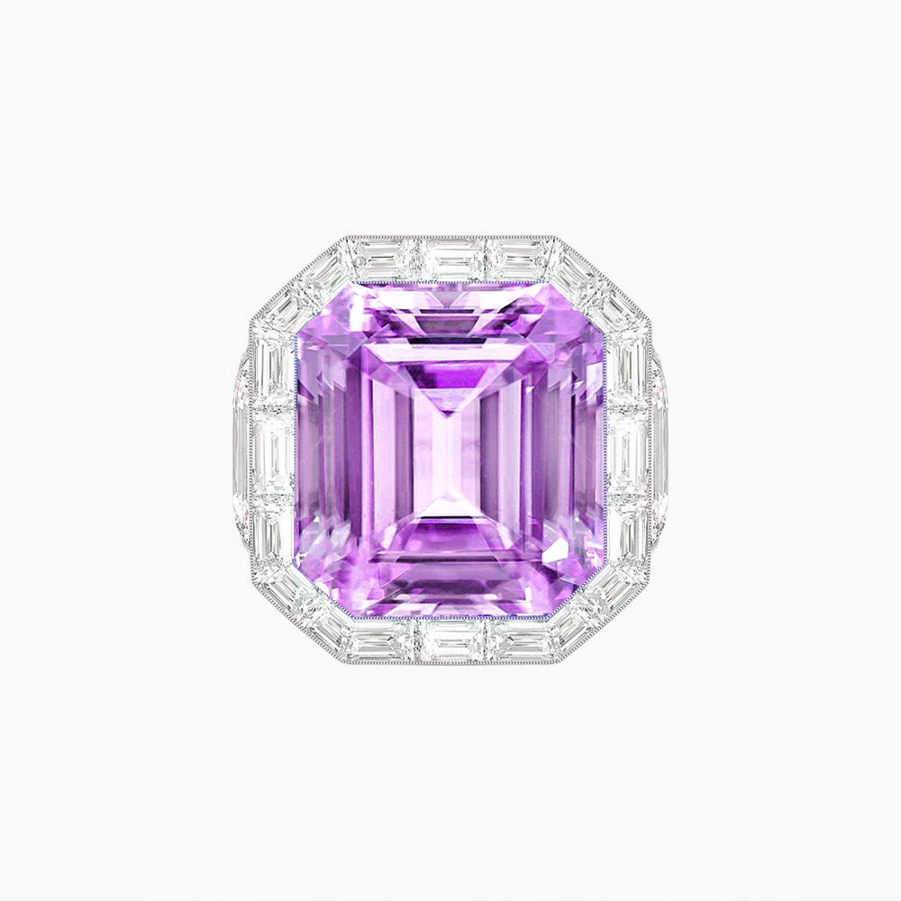 Art Deco Emerald-Cut Gemstone Ring with Architectural Diamond Halo - Shahin Jewelry