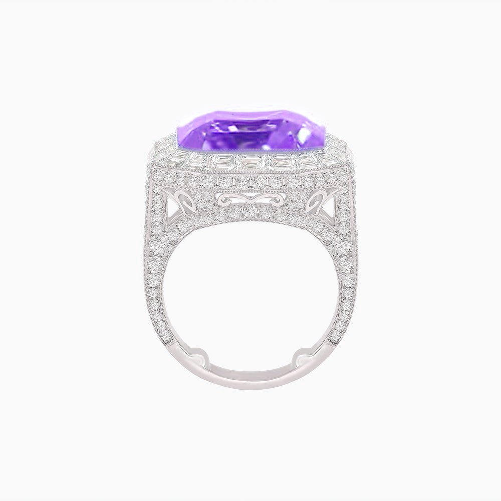 Art Deco Emerald-Cut Gemstone Ring with Architectural Diamond Halo - Shahin Jewelry