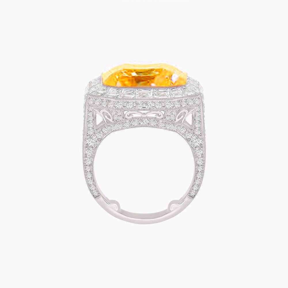 Art Deco Emerald-Cut Gemstone Ring with Architectural Diamond Halo - Shahin Jewelry