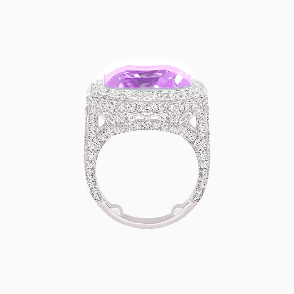 Art Deco Emerald-Cut Gemstone Ring with Architectural Diamond Halo - Shahin Jewelry