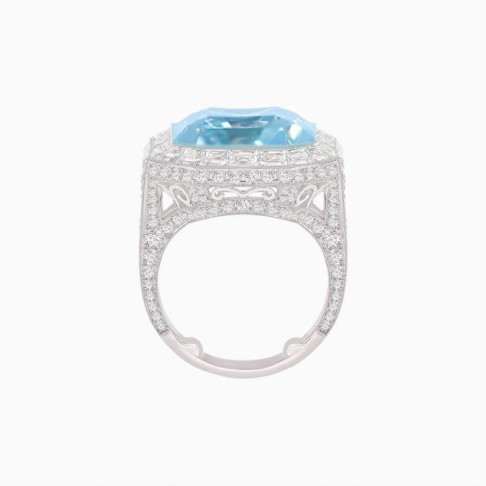 Art Deco Emerald-Cut Gemstone Ring with Architectural Diamond Halo - Shahin Jewelry
