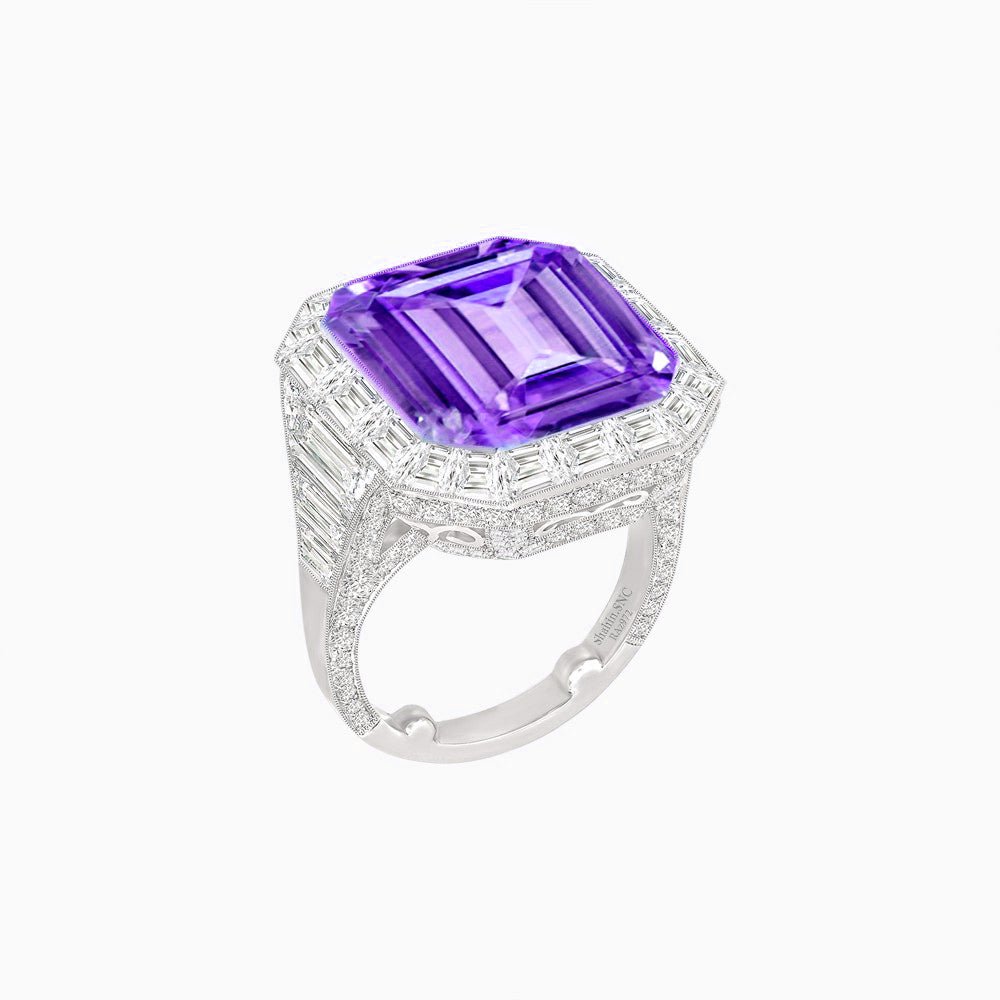 Art Deco Emerald-Cut Gemstone Ring with Architectural Diamond Halo - Shahin Jewelry