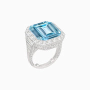Art Deco Emerald-Cut Gemstone Ring with Architectural Diamond Halo - Shahin Jewelry