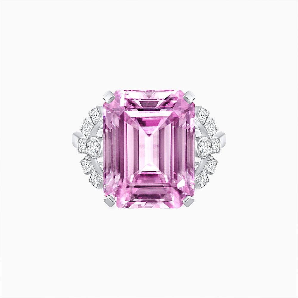 Art Deco Emerald - Cut Gemstone Ring with Diamond Side Stones - Shahin Jewelry