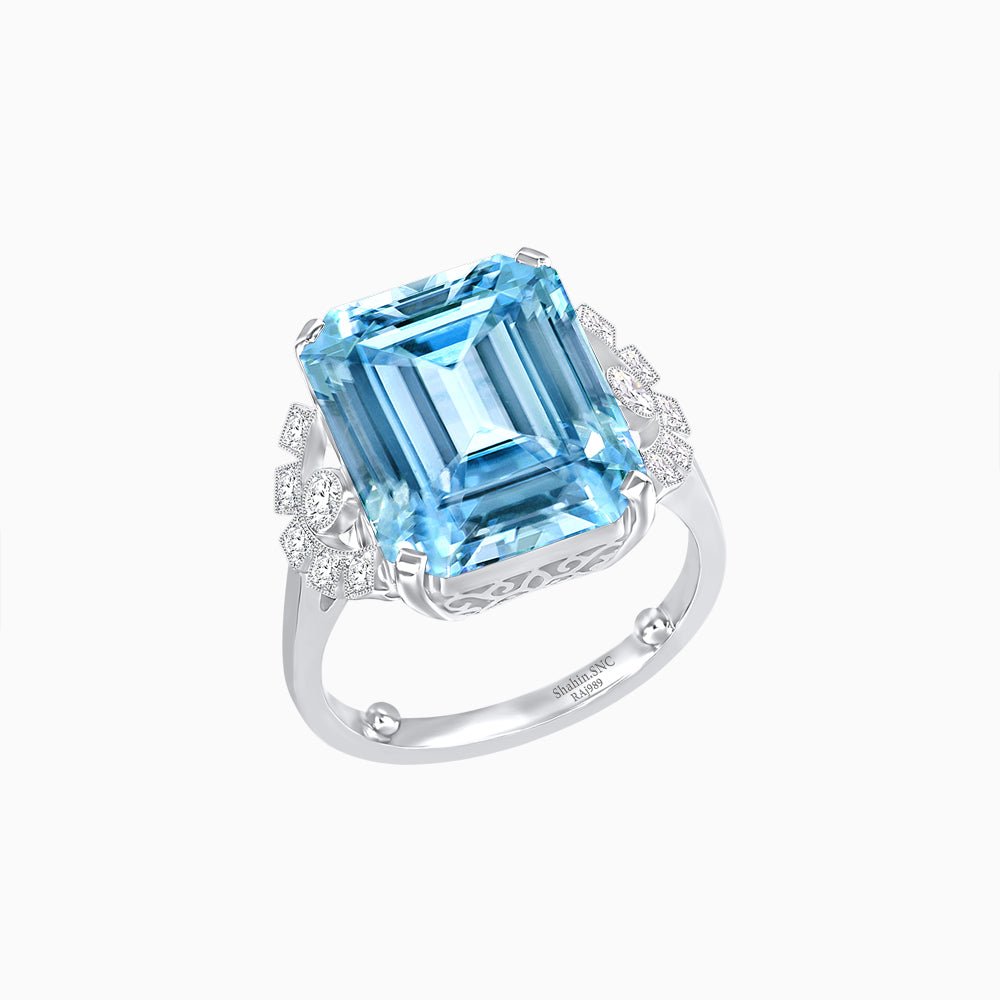 Art Deco Emerald - Cut Gemstone Ring with Diamond Side Stones - Shahin Jewelry