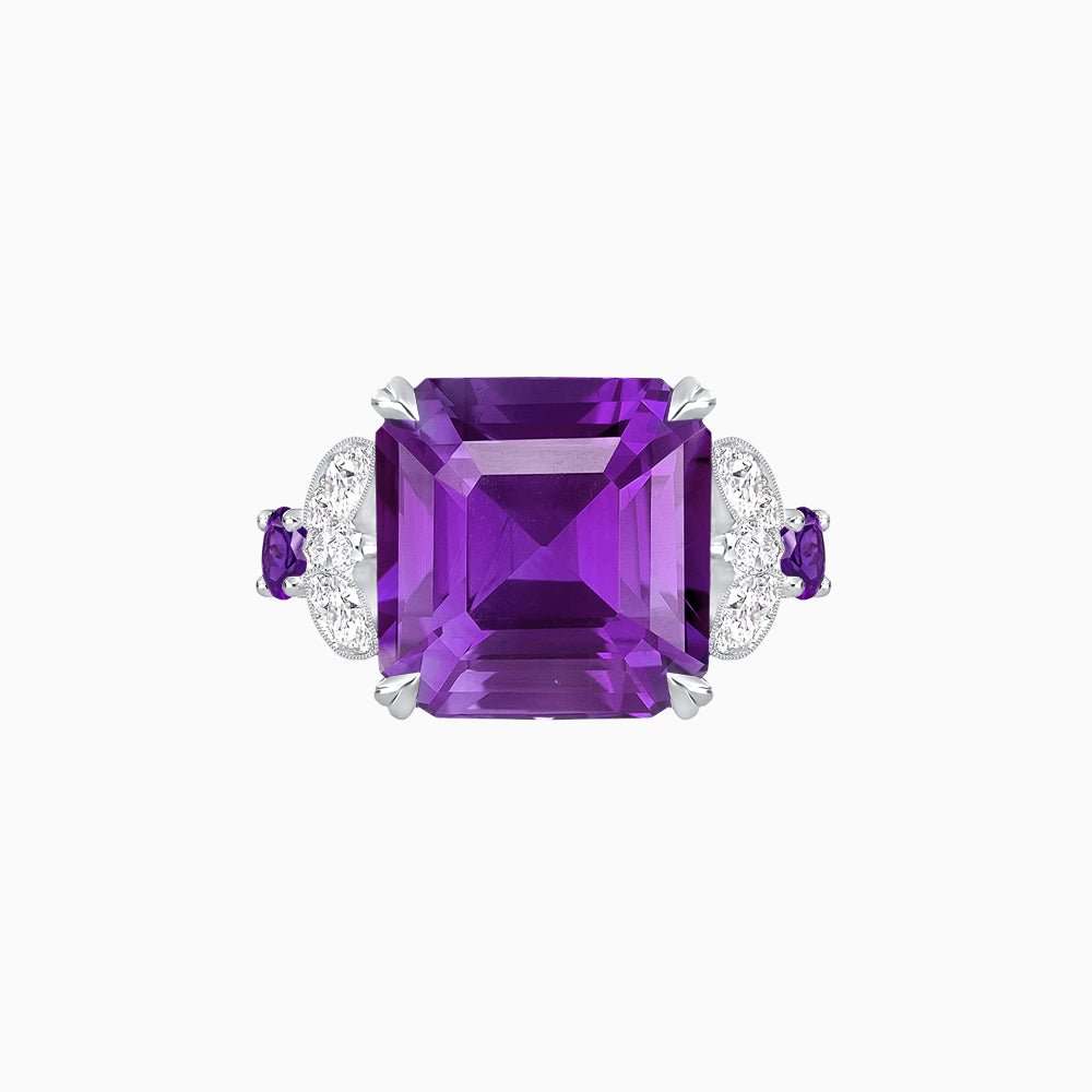 Art Deco Emerald - Cut Gemstone Ring with Diamond Side Stones - Shahin Jewelry