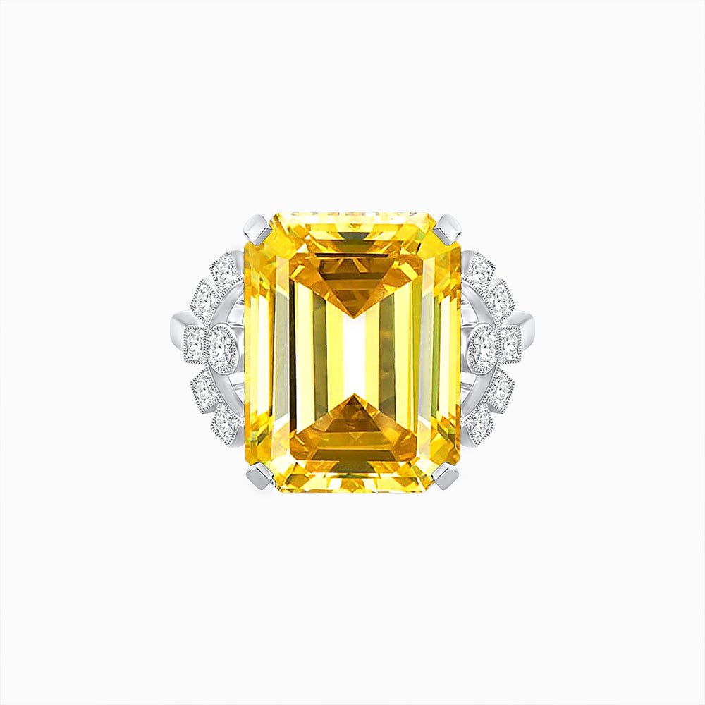 Art Deco Emerald - Cut Gemstone Ring with Diamond Side Stones - Shahin Jewelry