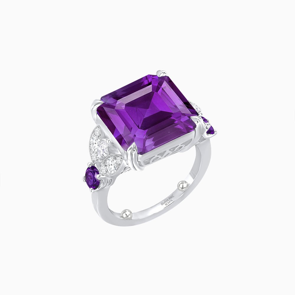 Art Deco Emerald - Cut Gemstone Ring with Diamond Side Stones - Shahin Jewelry