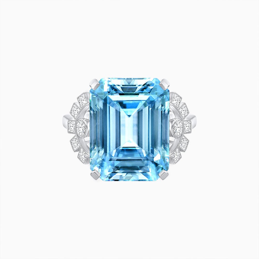 Art Deco Emerald - Cut Gemstone Ring with Diamond Side Stones - Shahin Jewelry
