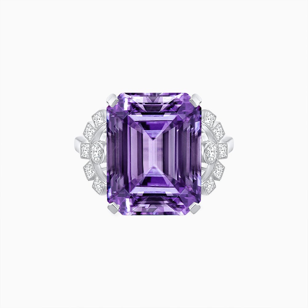 Art Deco Emerald - Cut Gemstone Ring with Diamond Side Stones - Shahin Jewelry