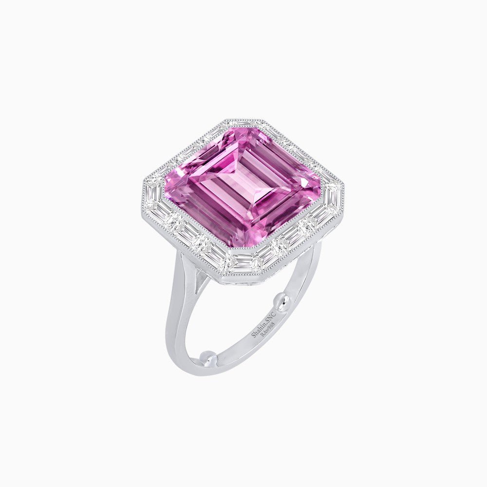 Art Deco Emerald Cut Mounting Ring with Baguette Diamond Halo - Shahin Jewelry