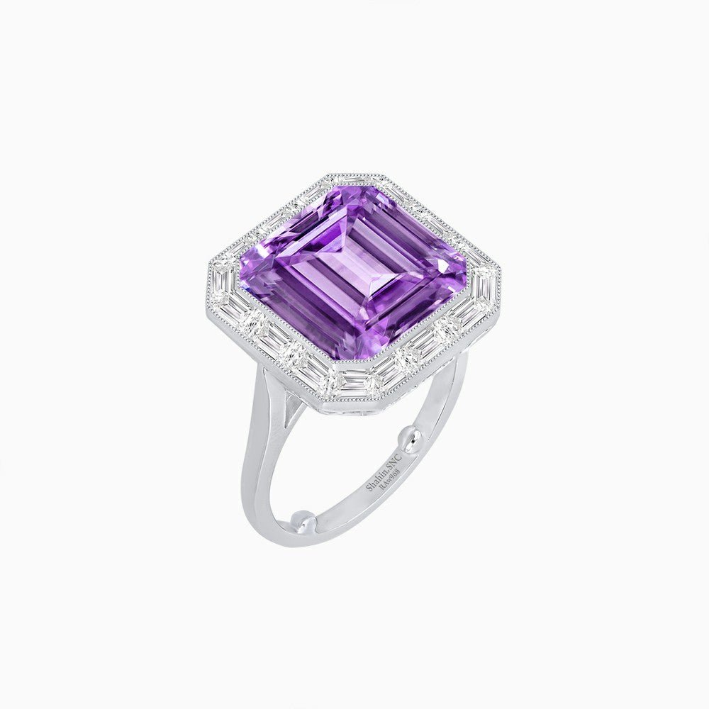 Art Deco Emerald Cut Mounting Ring with Baguette Diamond Halo - Shahin Jewelry