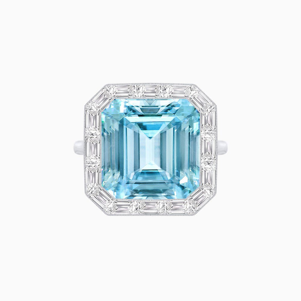 Art Deco Emerald Cut Mounting Ring with Baguette Diamond Halo - Shahin Jewelry