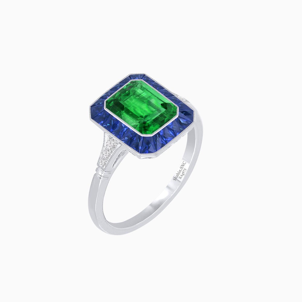 Art Deco Emerald Cut Ring with Customizable French - Cut Gemstone Accents (Mounting) - Shahin Jewelry