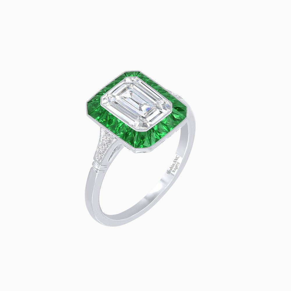 Art Deco Emerald Cut Ring with Customizable French - Cut Gemstone Accents (Mounting) - Shahin Jewelry
