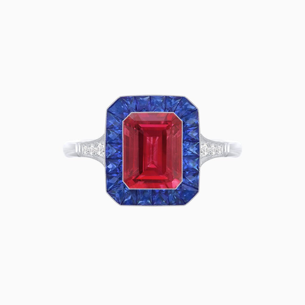 Art Deco Emerald Cut Ring with Customizable French - Cut Gemstone Accents (Mounting) - Shahin Jewelry