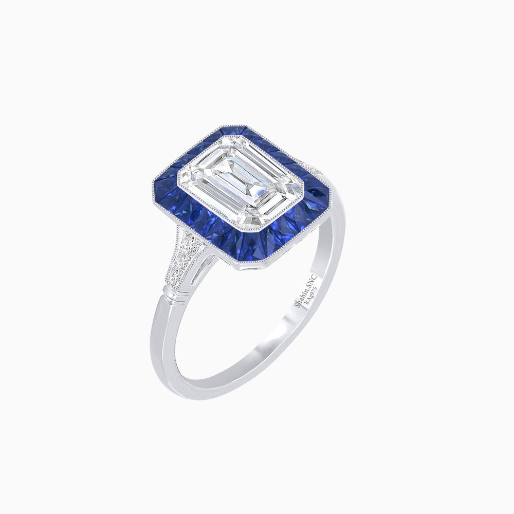 Art Deco Emerald Cut Ring with Customizable French - Cut Gemstone Accents (Mounting) - Shahin Jewelry