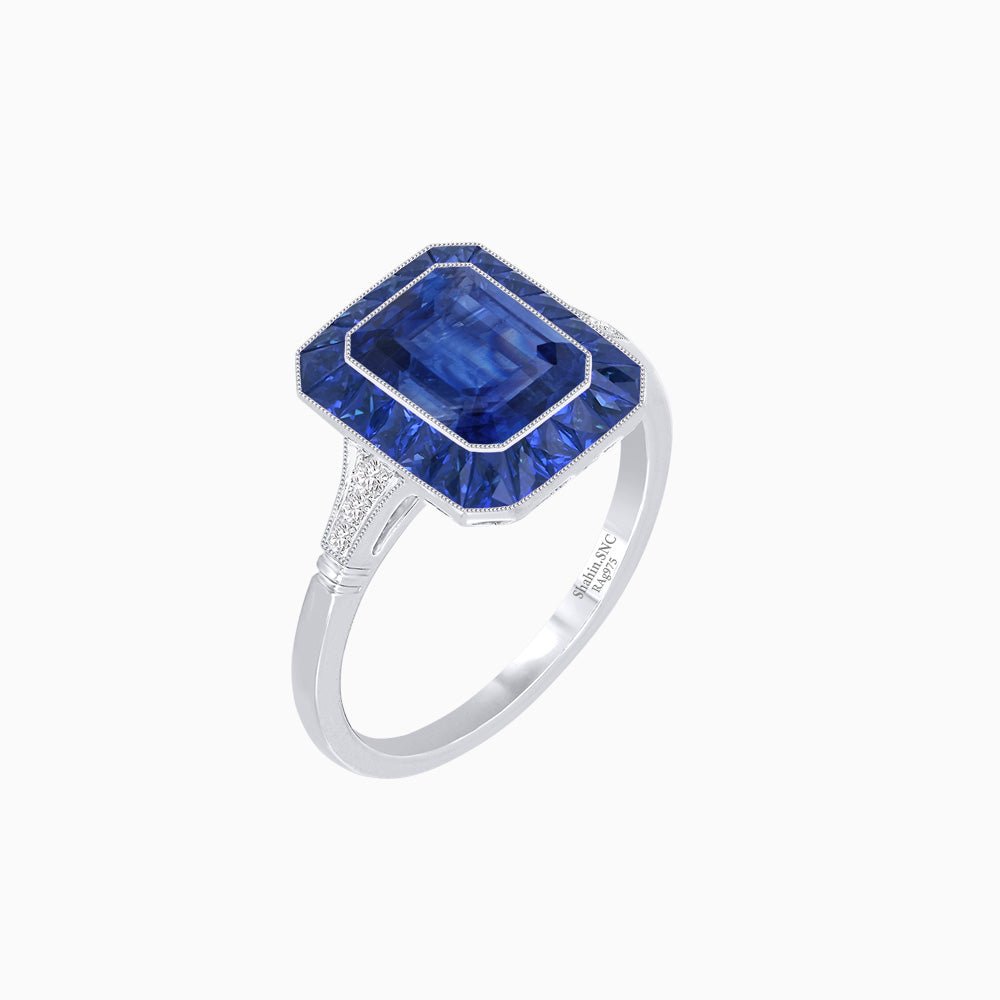Art Deco Emerald Cut Ring with Customizable French - Cut Gemstone Accents (Mounting) - Shahin Jewelry
