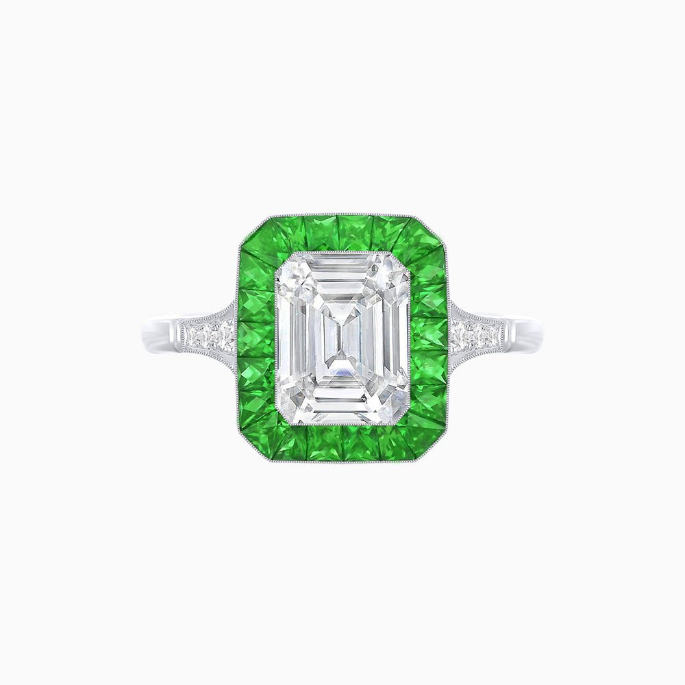 Art Deco Emerald Cut Ring with Customizable French - Cut Gemstone Accents (Mounting) - Shahin Jewelry