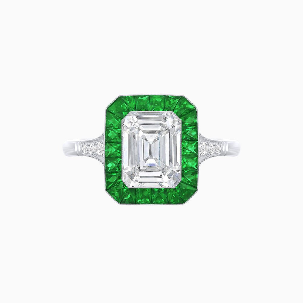 Art Deco Emerald Cut Ring with Customizable French - Cut Gemstone Accents (Mounting) - Shahin Jewelry