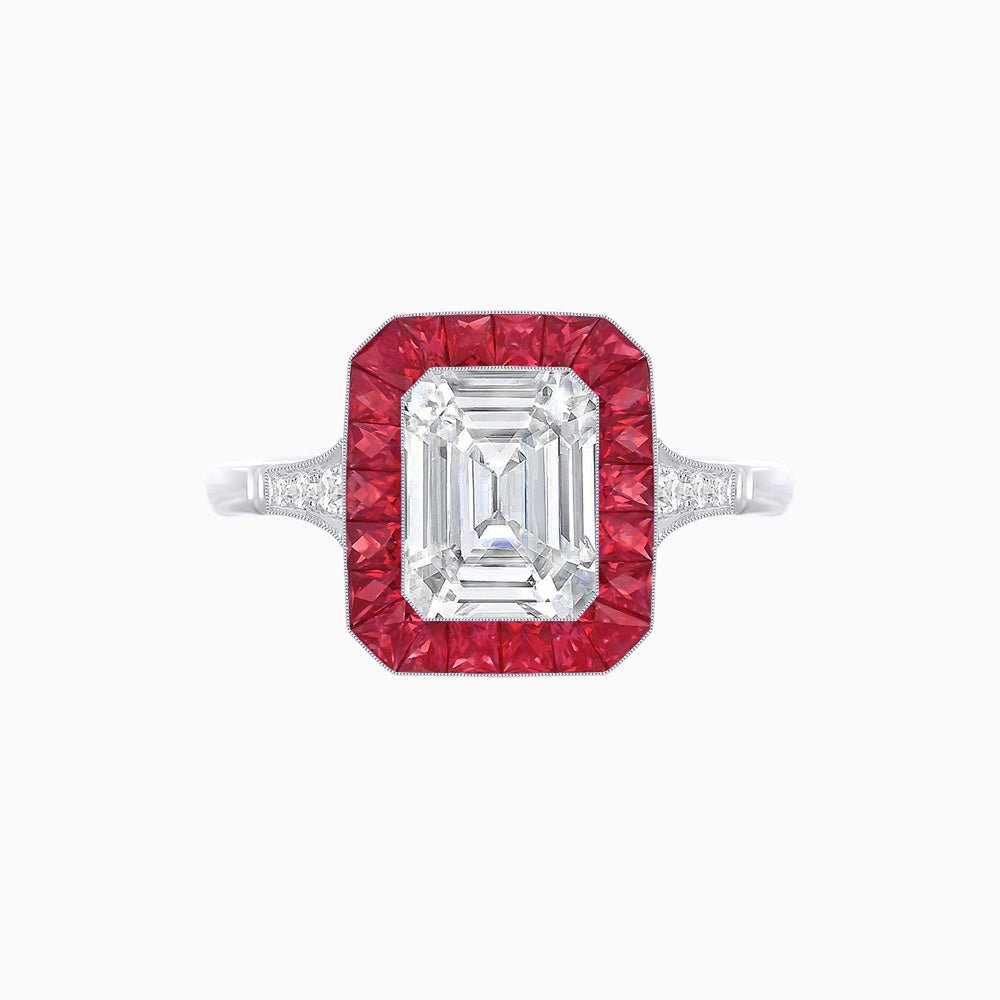 Art Deco Emerald Cut Ring with Customizable French - Cut Gemstone Accents (Mounting) - Shahin Jewelry
