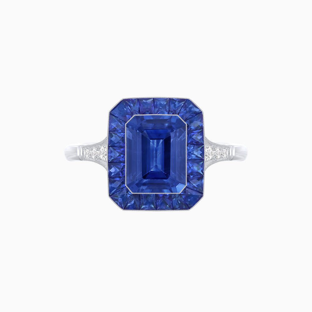 Art Deco Emerald Cut Ring with Customizable French - Cut Gemstone Accents (Mounting) - Shahin Jewelry