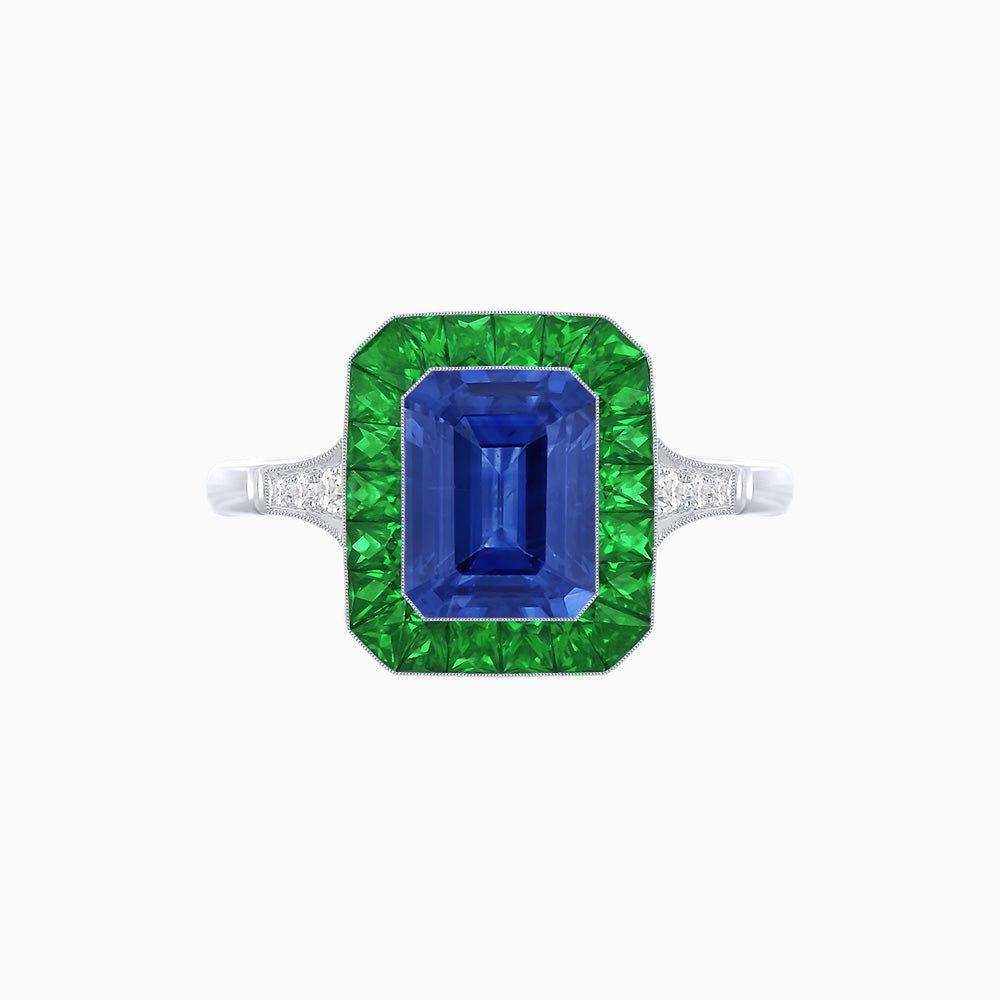 Art Deco Emerald Cut Ring with Customizable French - Cut Gemstone Accents (Mounting) - Shahin Jewelry