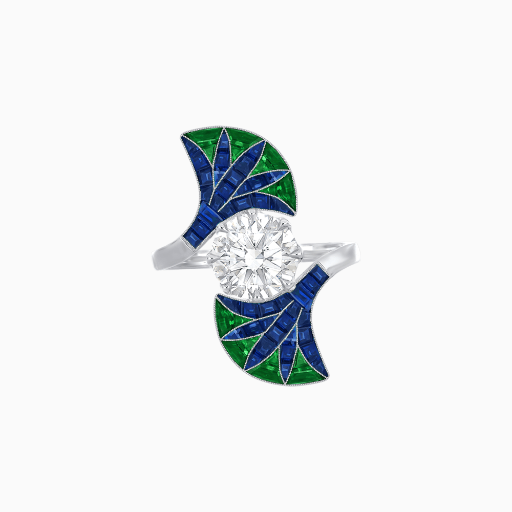Art Deco Fan Motif Round Diamond Ring - Shahin Jewelry