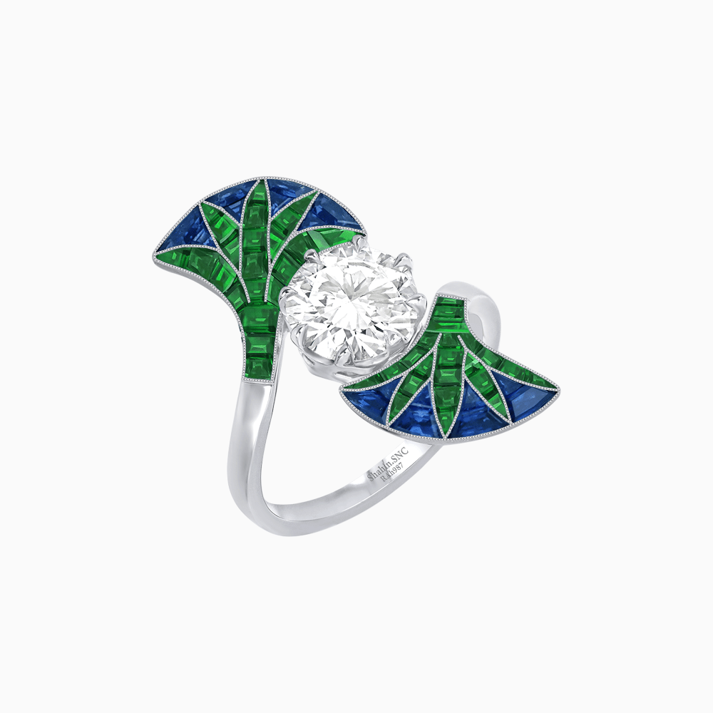 Art Deco Fan Motif Round Diamond Ring - Shahin Jewelry