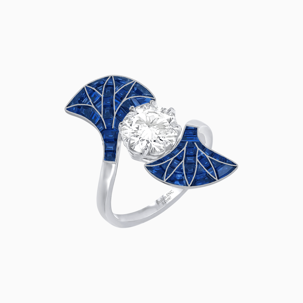 Art Deco Fan Motif Round Diamond Ring - Shahin Jewelry