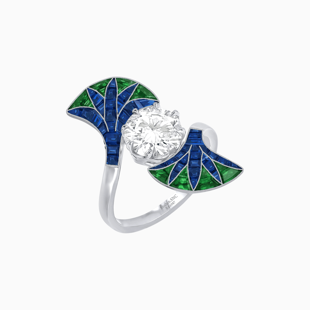 Art Deco Fan Motif Round Diamond Ring - Shahin Jewelry