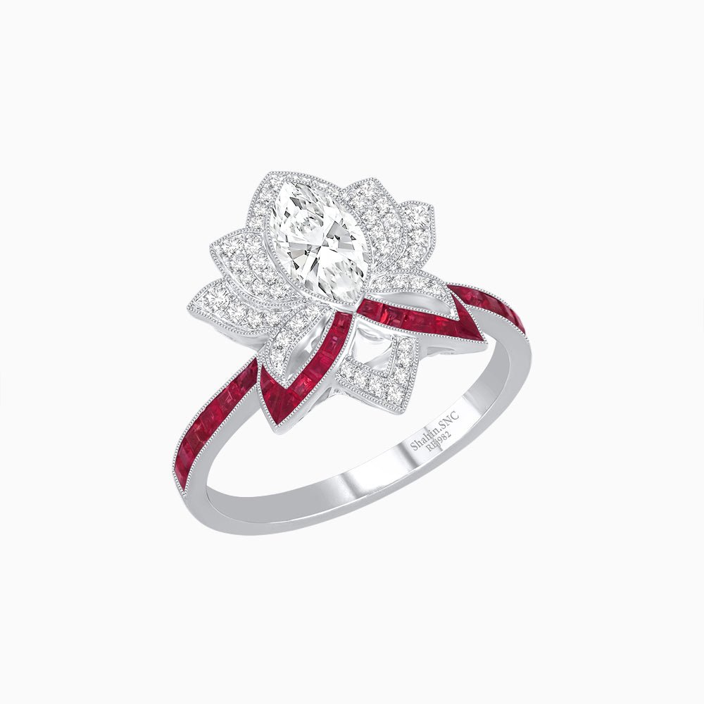 Art Deco Floral Ring with Marquise - Shaped Centerstone - Shahin Jewelry