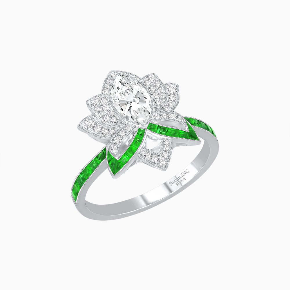 Art Deco Floral Ring with Marquise - Shaped Centerstone - Shahin Jewelry