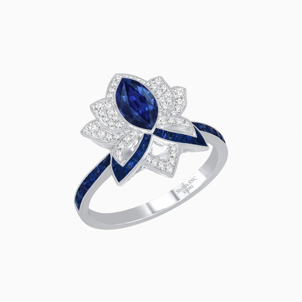 Art Deco Floral Ring with Marquise - Shaped Centerstone - Shahin Jewelry