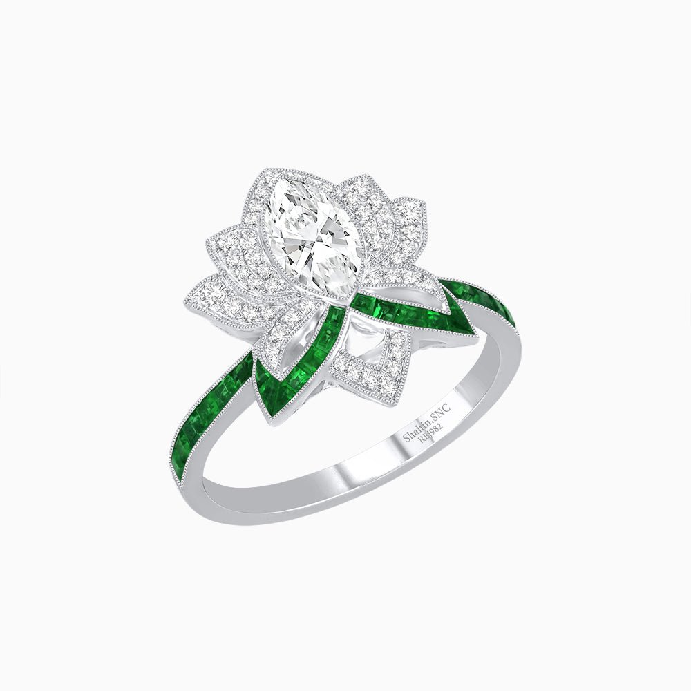 Art Deco Floral Ring with Marquise - Shaped Centerstone - Shahin Jewelry