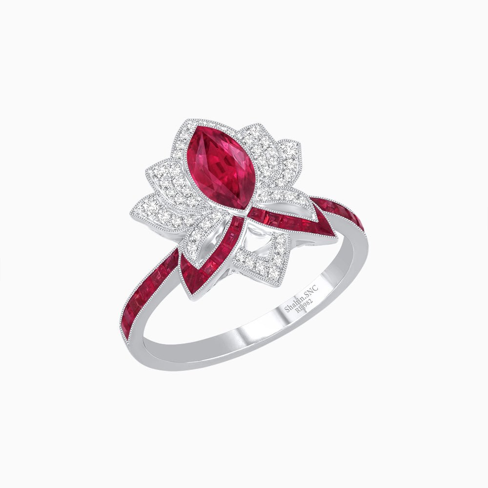 Art Deco Floral Ring with Marquise - Shaped Centerstone - Shahin Jewelry