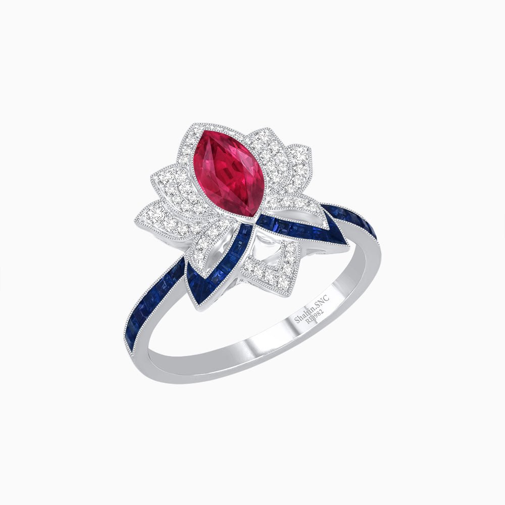 Art Deco Floral Ring with Marquise - Shaped Centerstone - Shahin Jewelry