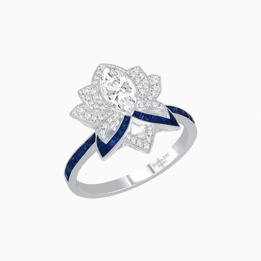 Art Deco Floral Ring with Marquise - Shaped Centerstone - Shahin Jewelry