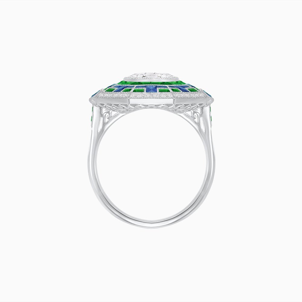 Art Deco Geometric Calibre French Cut Gemstone Diamond Ring - Shahin Jewelry