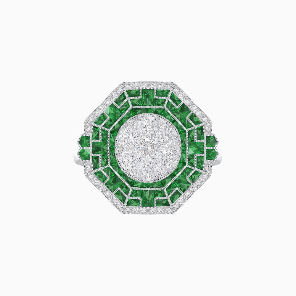 Art Deco Geometric Calibre French Cut Gemstone in Illusion Diamond Ring - Shahin Jewelry