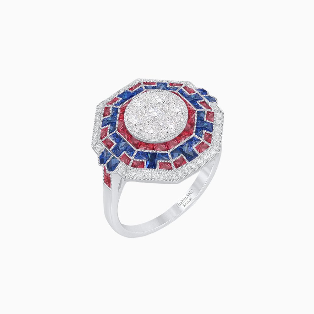 Art Deco Geometric Calibre French Cut Gemstone in Illusion Diamond Ring - Shahin Jewelry