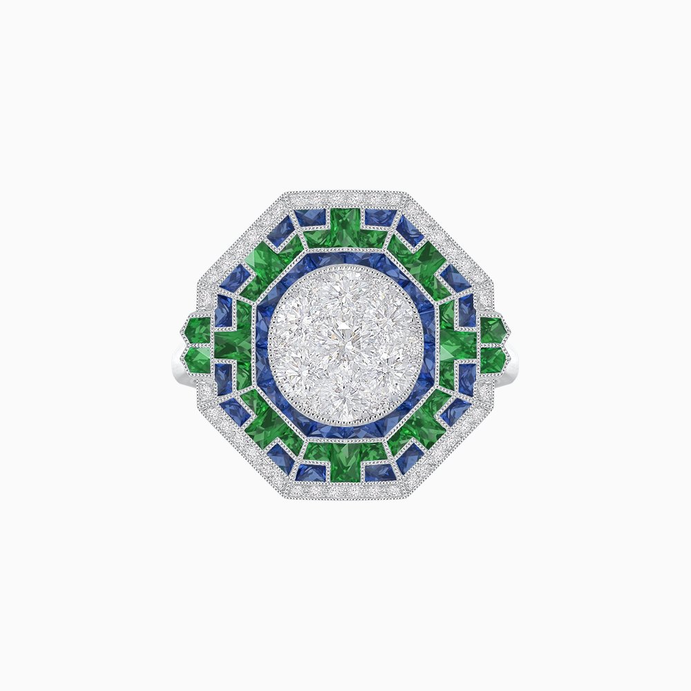 Art Deco Geometric Calibre French Cut Gemstone in Illusion Diamond Ring - Shahin Jewelry