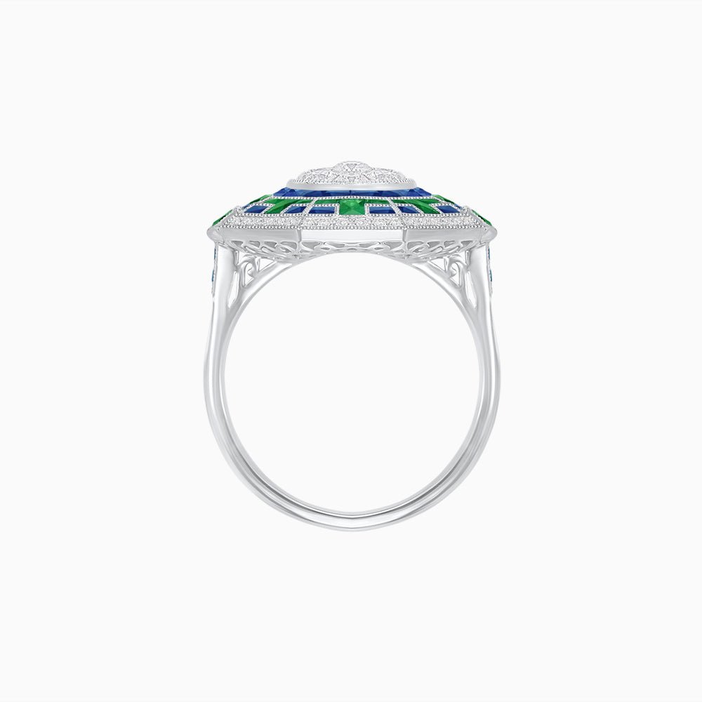 Art Deco Geometric Calibre French Cut Gemstone in Illusion Diamond Ring - Shahin Jewelry