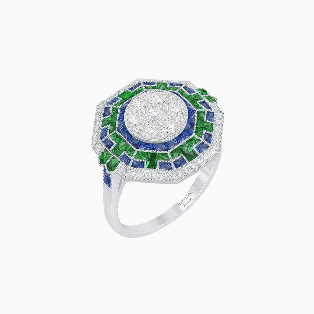 Art Deco Geometric Calibre French Cut Gemstone in Illusion Diamond Ring - Shahin Jewelry