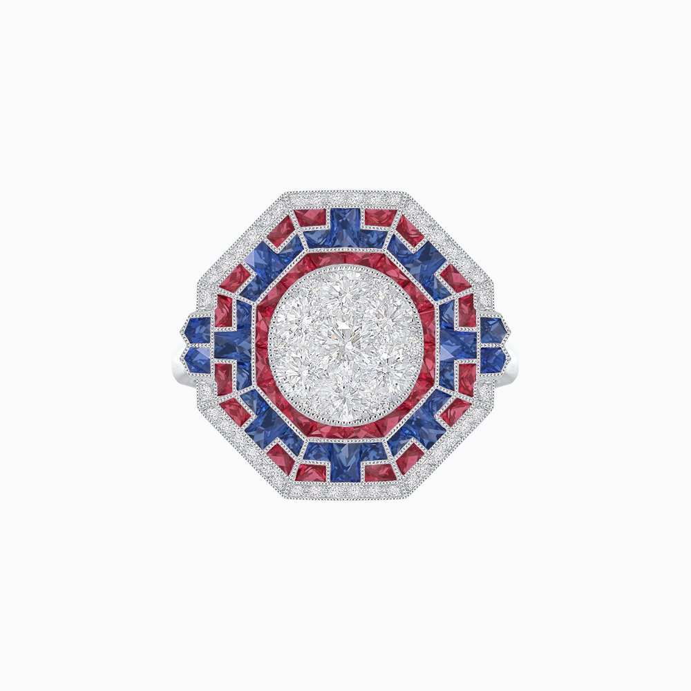 Art Deco Geometric Calibre French Cut Gemstone in Illusion Diamond Ring - Shahin Jewelry