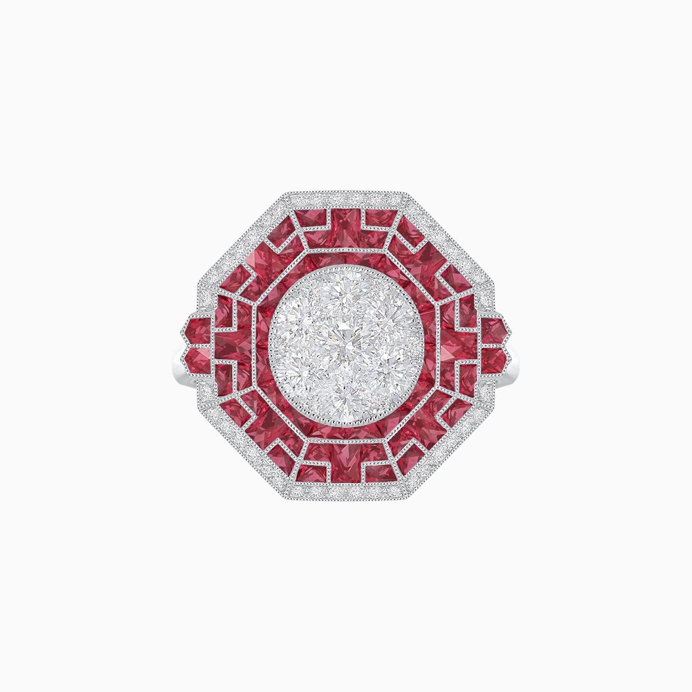 Art Deco Geometric Calibre French Cut Gemstone in Illusion Diamond Ring - Shahin Jewelry