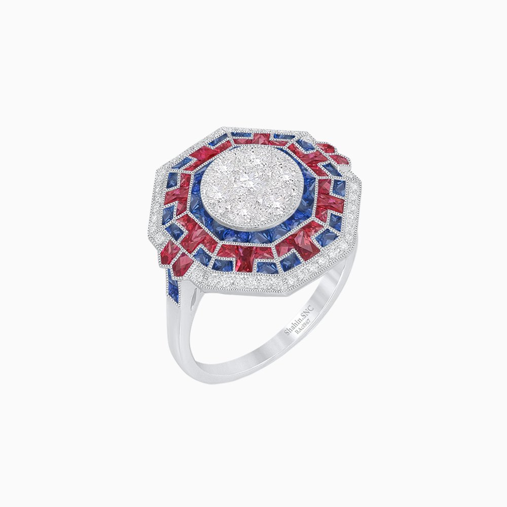 Art Deco Geometric Calibre French Cut Gemstone in Illusion Diamond Ring - Shahin Jewelry